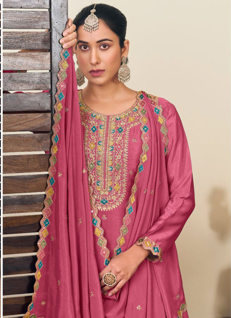 Vegaa Fashion Peach Chinon Silk Embroidered Lehenga Style Suit