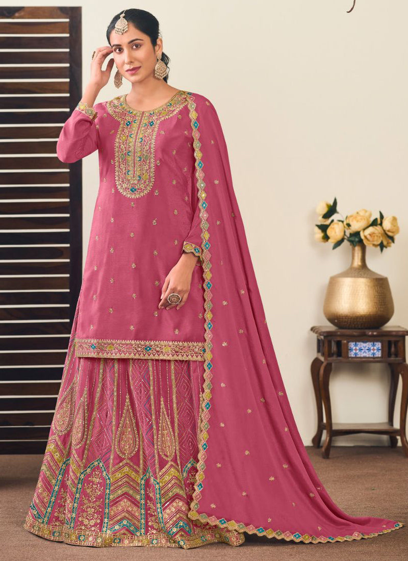 Vegaa Fashion Peach Chinon Silk Embroidered Lehenga Style Suit