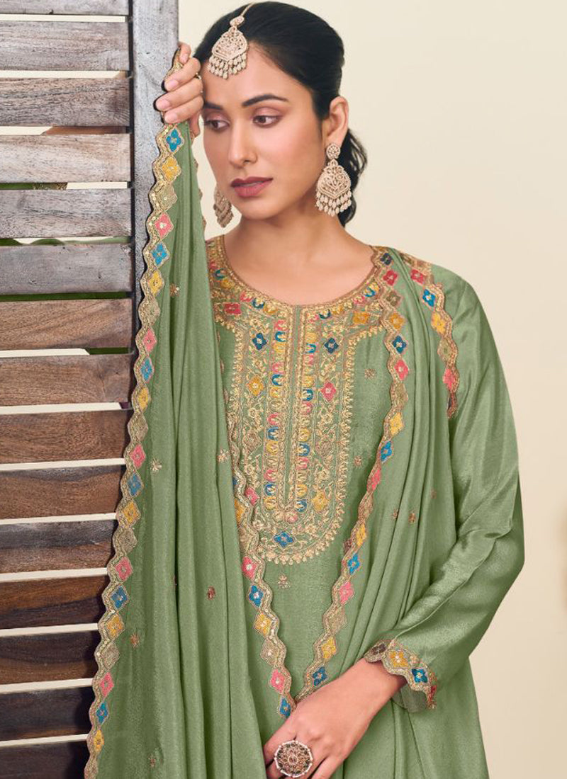 Vegaa Fashion Pista Green Chinon Silk Embroidered Lehenga Style Suit