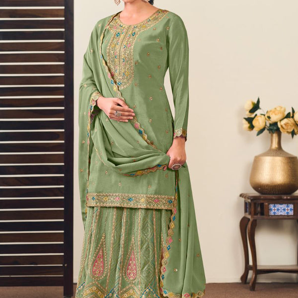 Vegaa Fashion Pista Green Chinon Silk Embroidered Lehenga Style Suit - Distacart