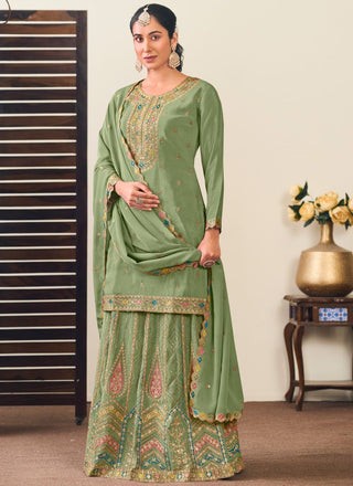 Vegaa Fashion Pista Green Chinon Silk Embroidered Lehenga Style Suit