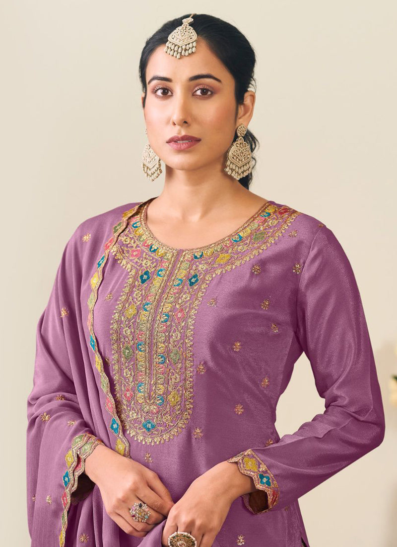Vegaa Fashion Lavender Chinon Silk Embroidered Lehenga Style Suit