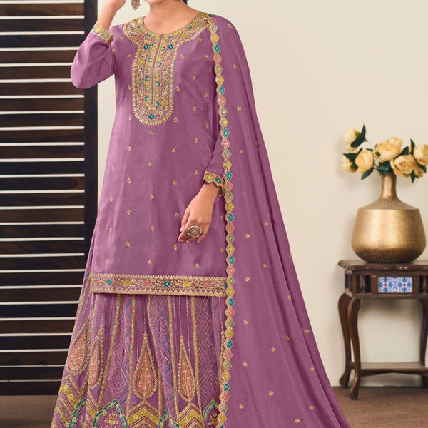 Vegaa Fashion Lavender Chinon Silk Embroidered Lehenga Style Suit - Distacart