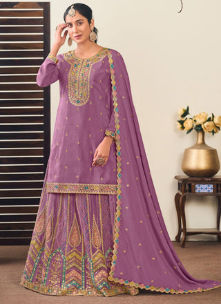 Vegaa Fashion Lavender Chinon Silk Embroidered Lehenga Style Suit