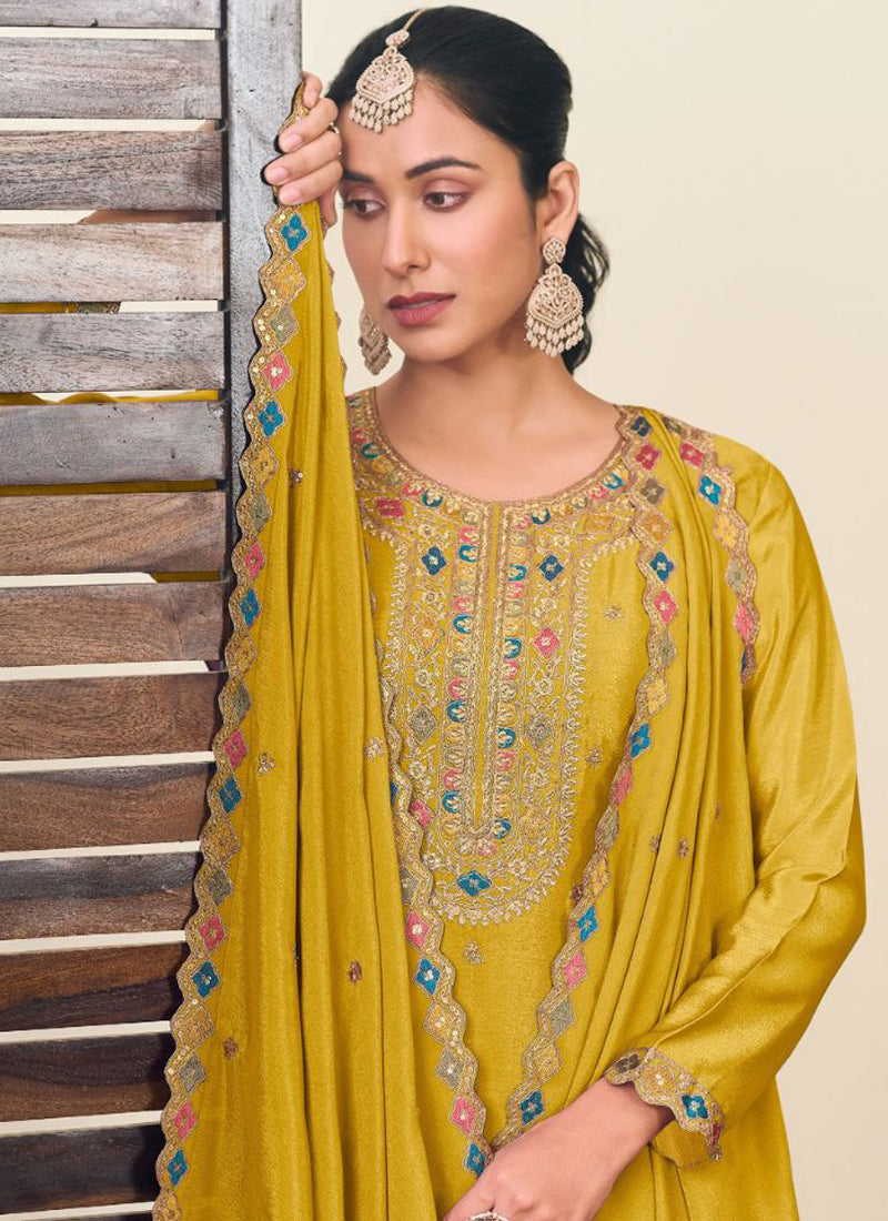 Vegaa Fashion Yellow Chinon Silk Embroidered Lehenga Style Suit