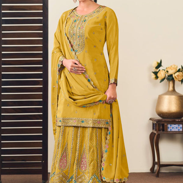 Vegaa Fashion Yellow Chinon Silk Embroidered Lehenga Style Suit - Distacart