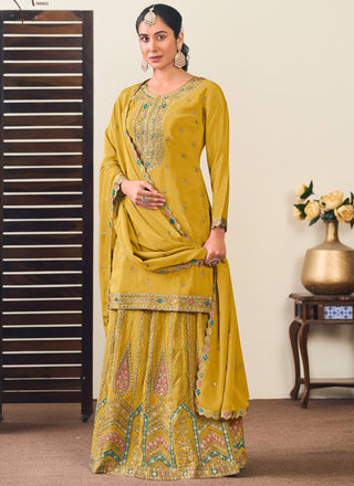 Vegaa Fashion Yellow Chinon Silk Embroidered Lehenga Style Suit