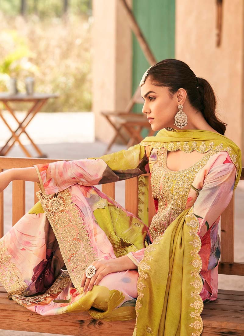 Vegaa Fashion Baby Pink Premium Chinon Embroidered Palazzo Suit