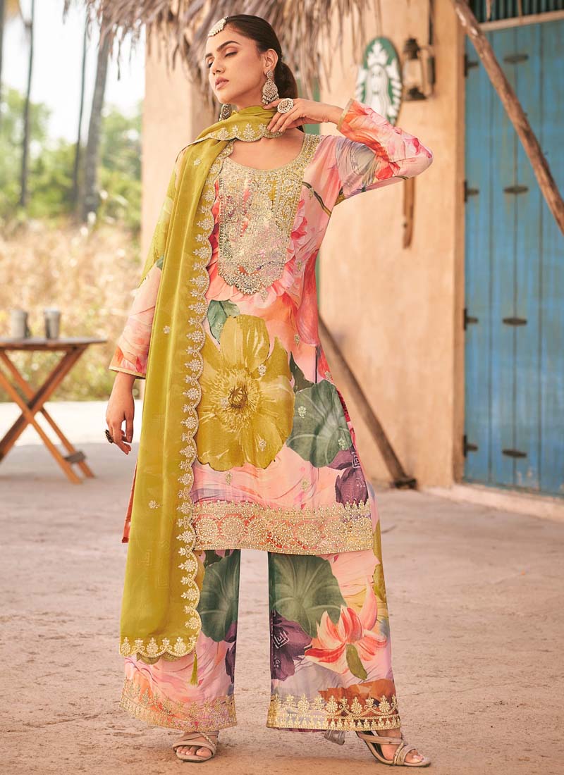 Vegaa Fashion Baby Pink Premium Chinon Embroidered Palazzo Suit