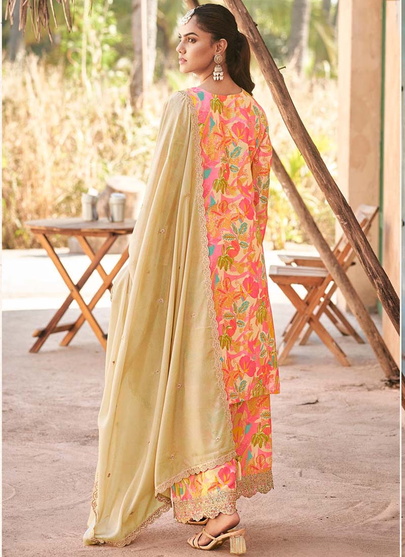 Vegaa Fashion Cream Premium Chinon Embroidered Palazzo Suit