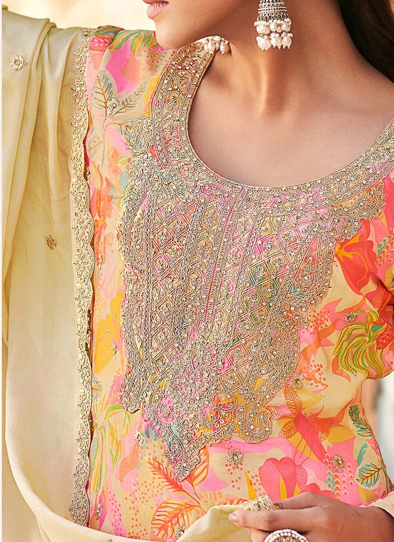 Vegaa Fashion Cream Premium Chinon Embroidered Palazzo Suit