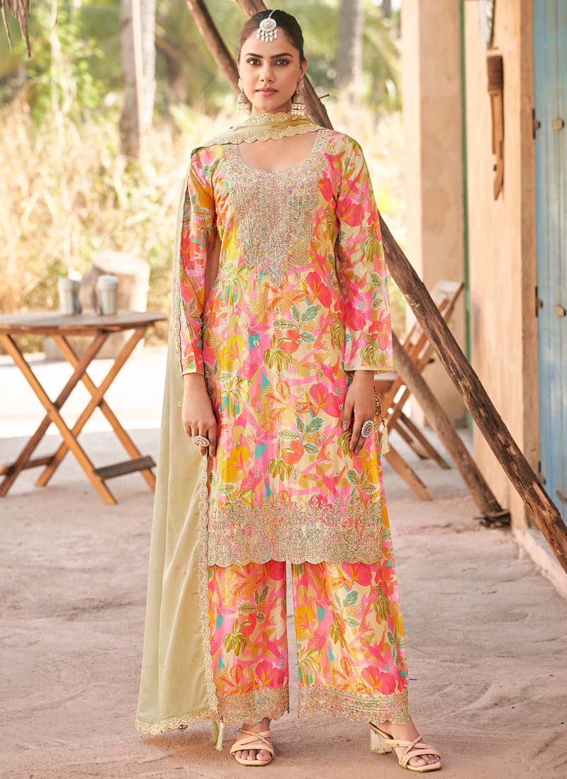 Vegaa Fashion Cream Premium Chinon Embroidered Palazzo Suit
