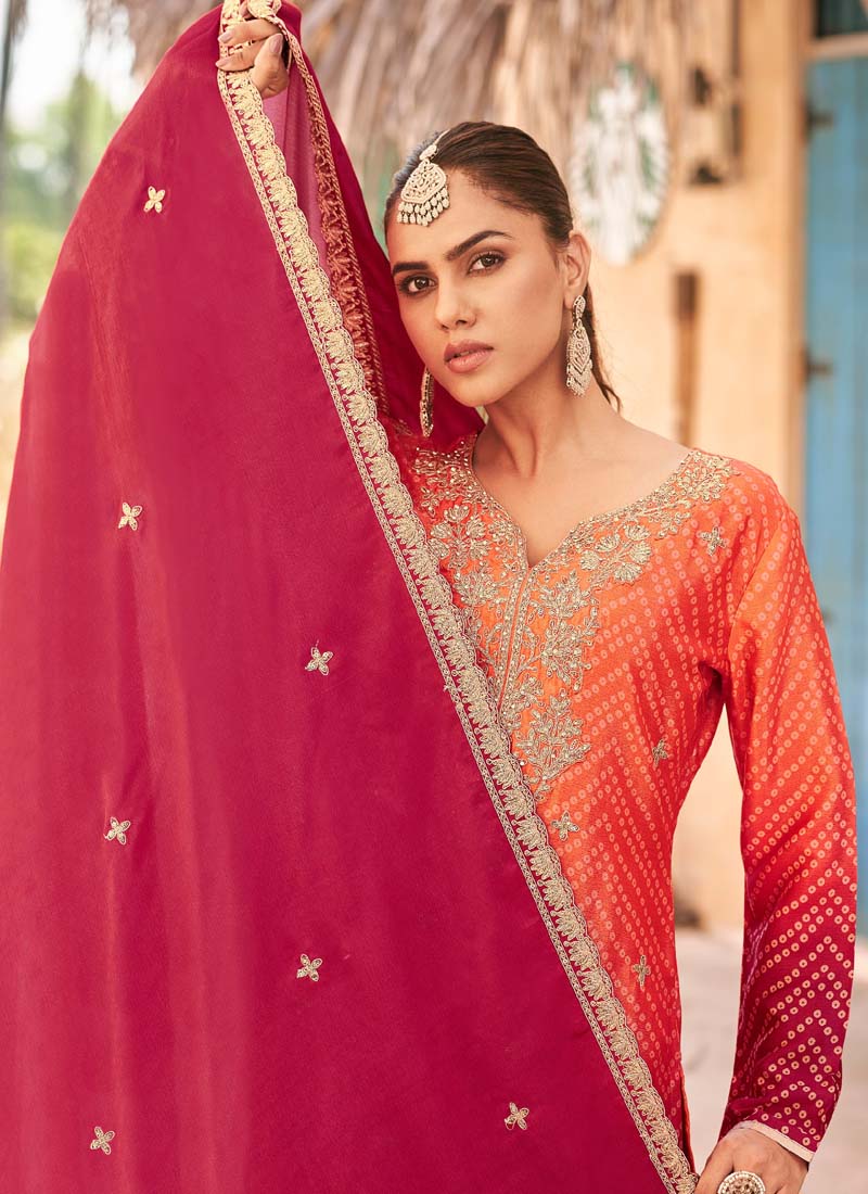 Vegaa Fashion Red Premium Chinon Embroidered Palazzo Suit