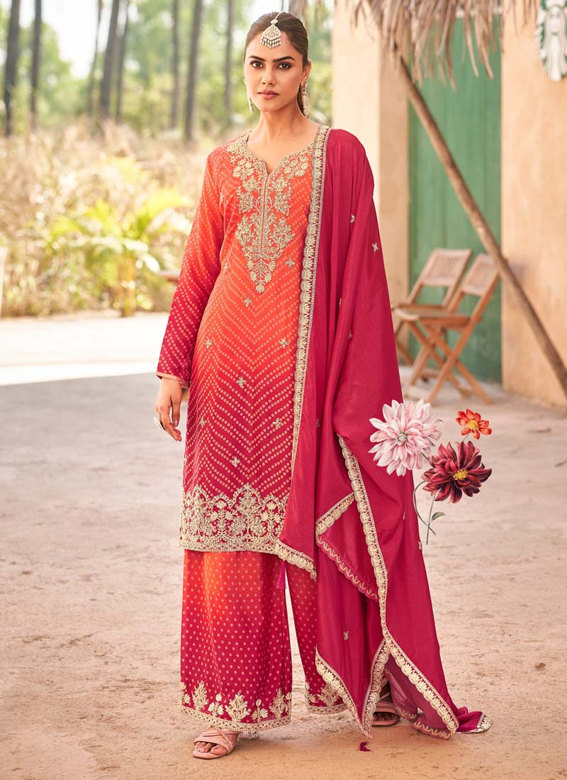 Vegaa Fashion Red Premium Chinon Embroidered Palazzo Suit
