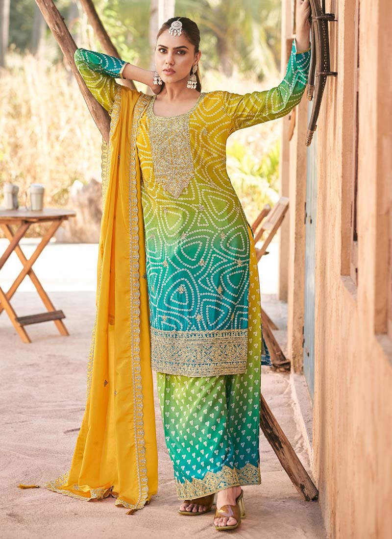 Vegaa Fashion Yellow Premium Chinon Embroidered Palazzo Suit