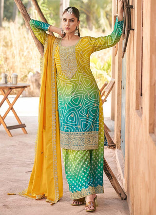 Vegaa Fashion Yellow Premium Chinon Embroidered Palazzo Suit