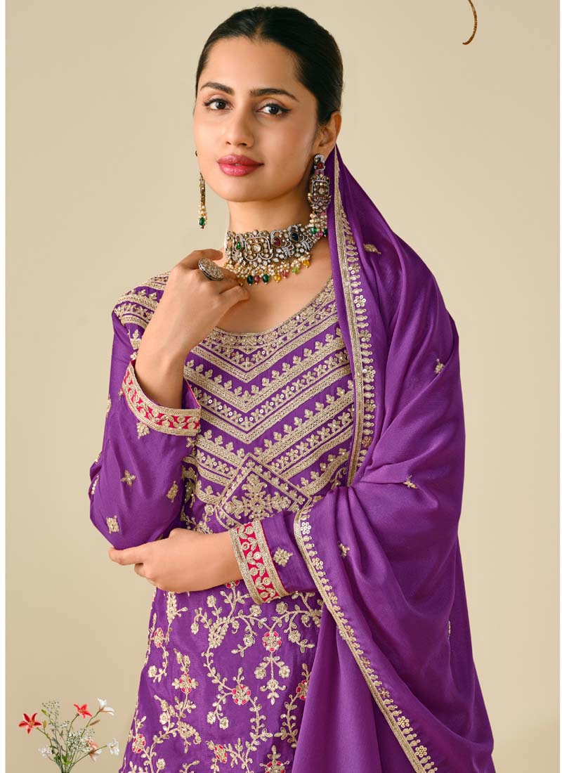 Vegaa Fashion Violet Premium Chinon Embroidered Palazzo Suit