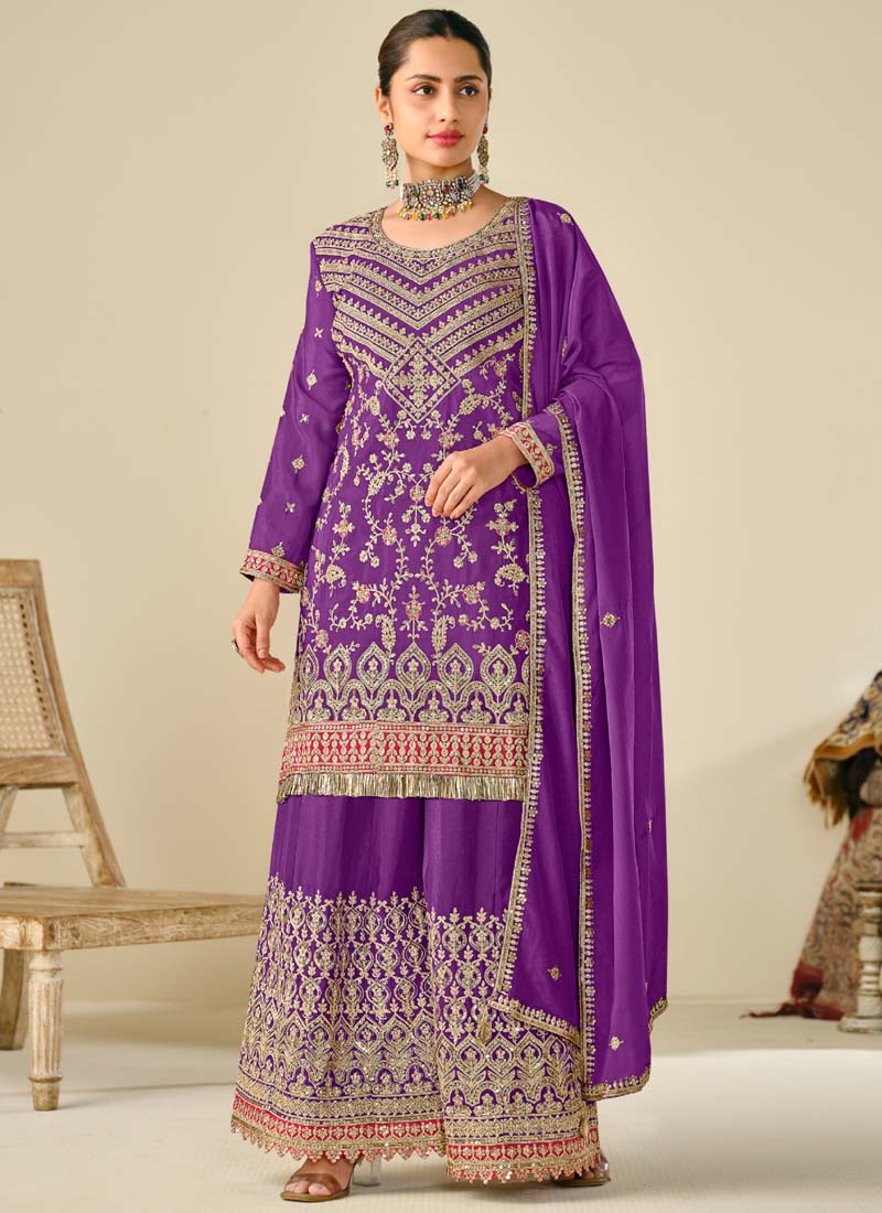 Vegaa Fashion Violet Premium Chinon Embroidered Palazzo Suit