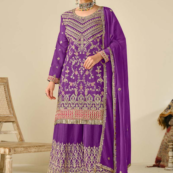 Vegaa Fashion Violet Premium Chinon Embroidered Palazzo Suit - Distacart