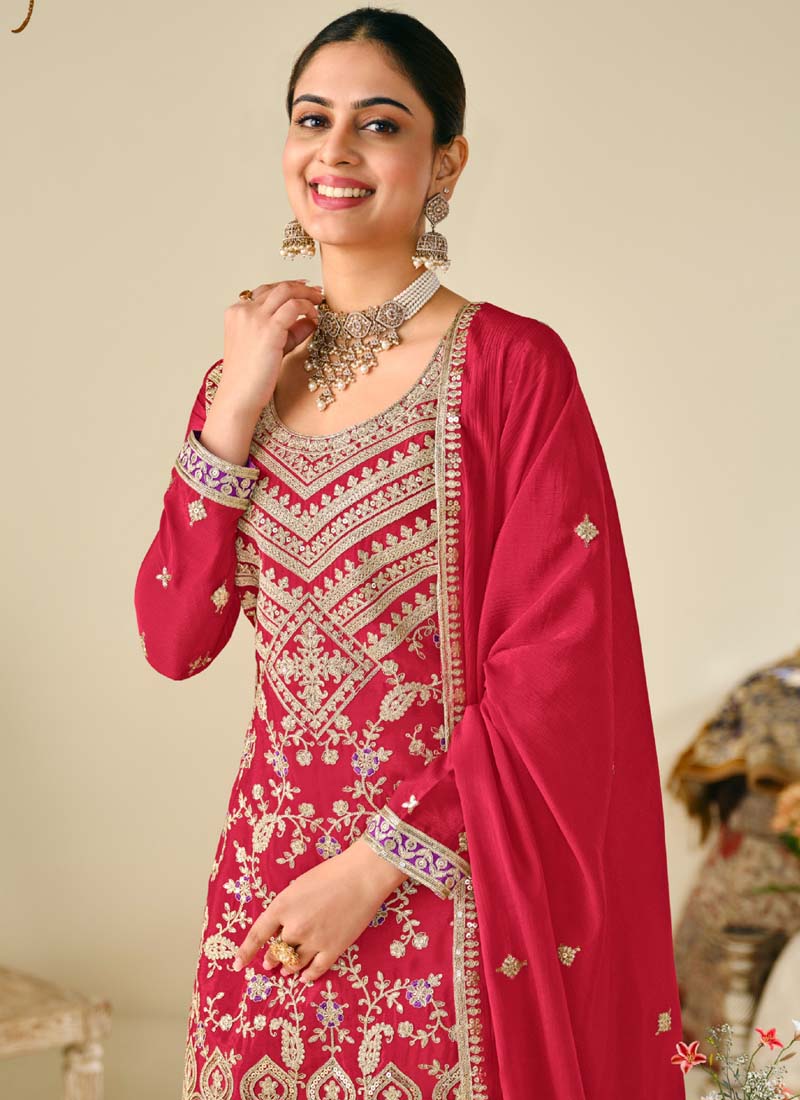 Vegaa Fashion Red Premium Chinon Embroidered Palazzo Suit