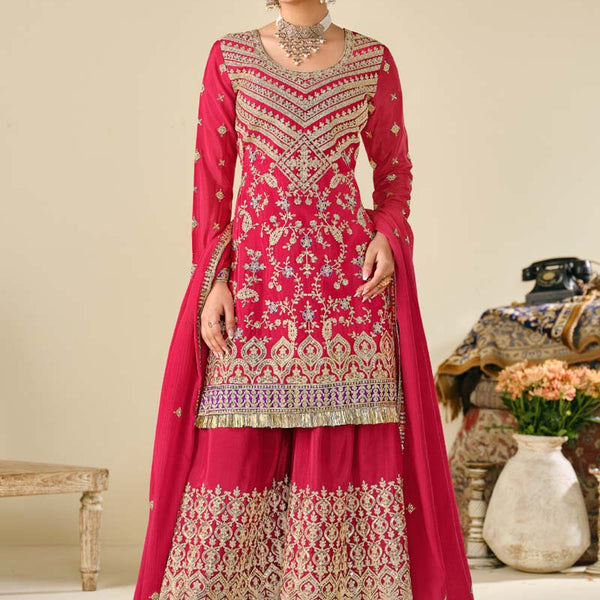 Vegaa Fashion Red Premium Chinon Embroidered Palazzo Suit - Distacart