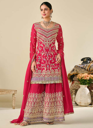 Vegaa Fashion Red Premium Chinon Embroidered Palazzo Suit