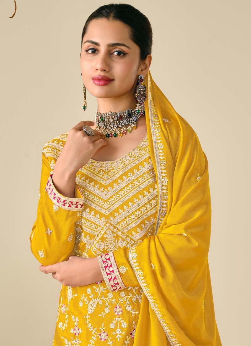 Vegaa Fashion Yellow Premium Chinon Embroidered Palazzo Suit