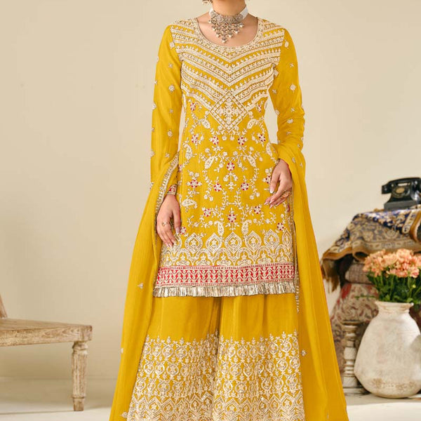 Vegaa Fashion Yellow Premium Chinon Embroidered Palazzo Suit - Distacart
