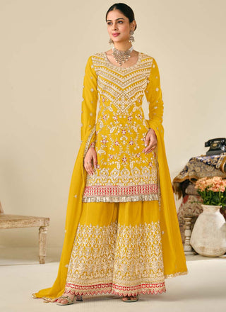 Vegaa Fashion Yellow Premium Chinon Embroidered Palazzo Suit