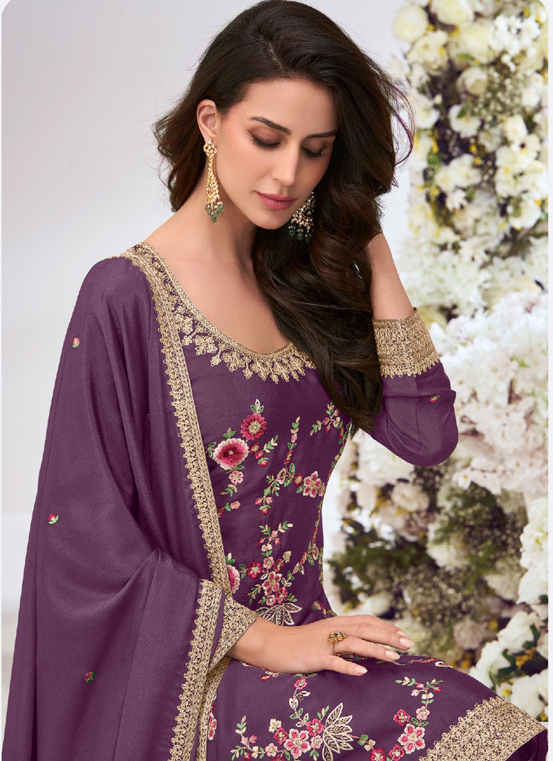 Vegaa Fashion Purple Chinon Silk Embroidered Palazzo Suit