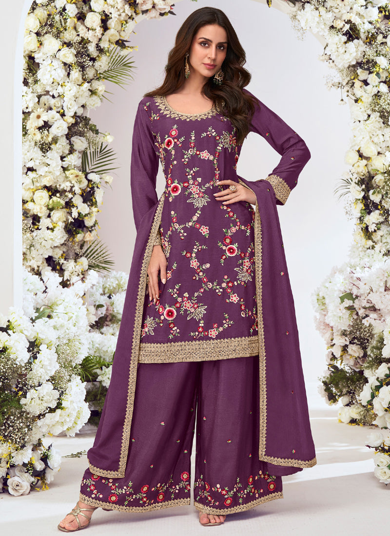 Vegaa Fashion Purple Chinon Silk Embroidered Palazzo Suit