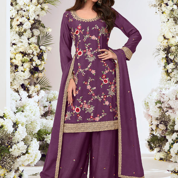 Vegaa Fashion Purple Chinon Silk Embroidered Palazzo Suit - Distacart