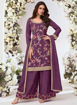 Thumbnail for Vegaa Fashion Purple Chinon Silk Embroidered Palazzo Suit