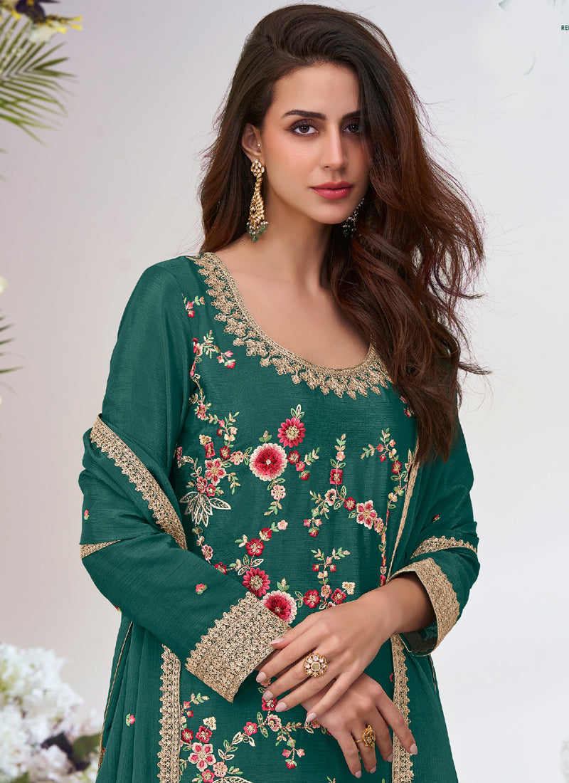 Vegaa Fashion Green Chinon Silk Embroidered Palazzo Suit