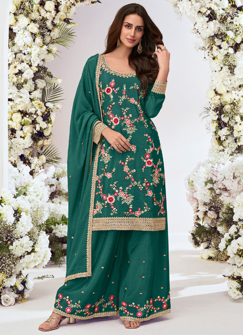 Vegaa Fashion Green Chinon Silk Embroidered Palazzo Suit