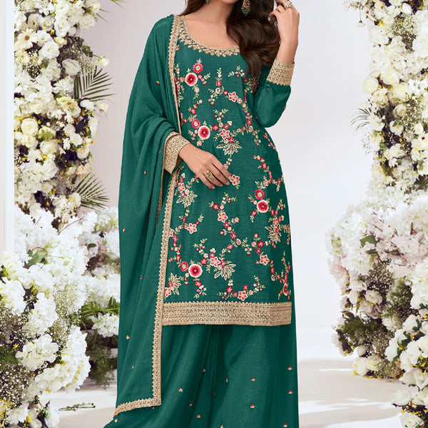 Vegaa Fashion Green Chinon Silk Embroidered Palazzo Suit - Distacart