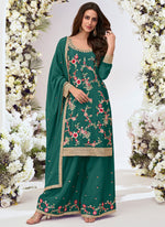 Thumbnail for Vegaa Fashion Green Chinon Silk Embroidered Palazzo Suit