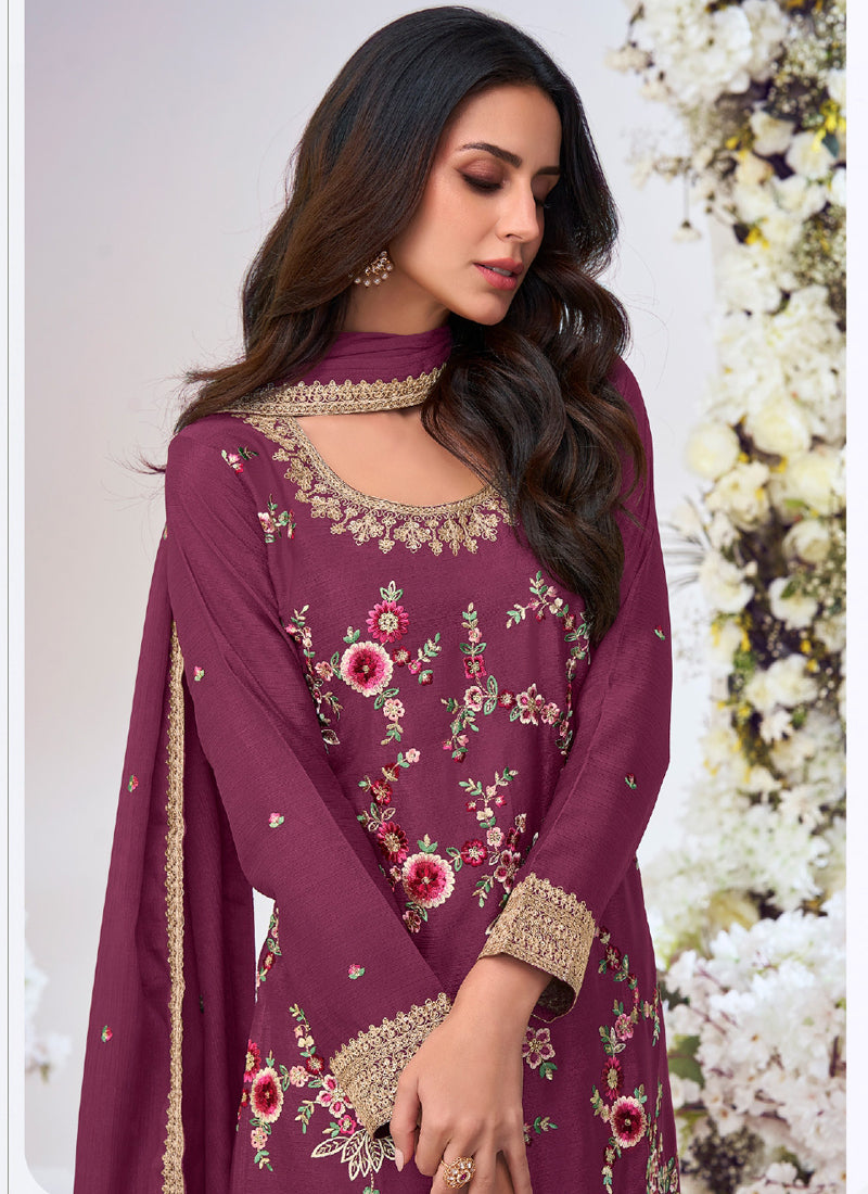Vegaa Fashion Wine Chinon Silk Embroidered Palazzo Suit