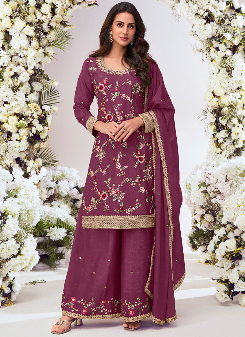 Vegaa Fashion Wine Chinon Silk Embroidered Palazzo Suit