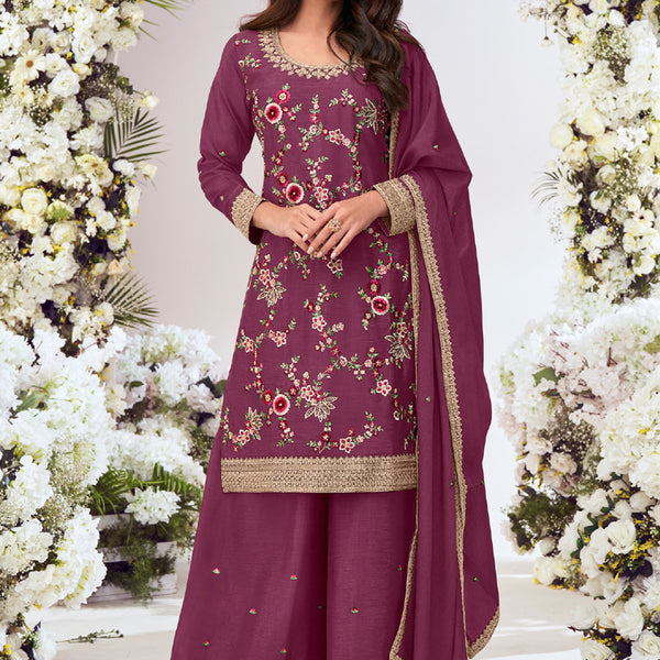 Vegaa Fashion Wine Chinon Silk Embroidered Palazzo Suit - Distacart