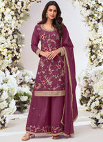 Thumbnail for Vegaa Fashion Wine Chinon Silk Embroidered Palazzo Suit