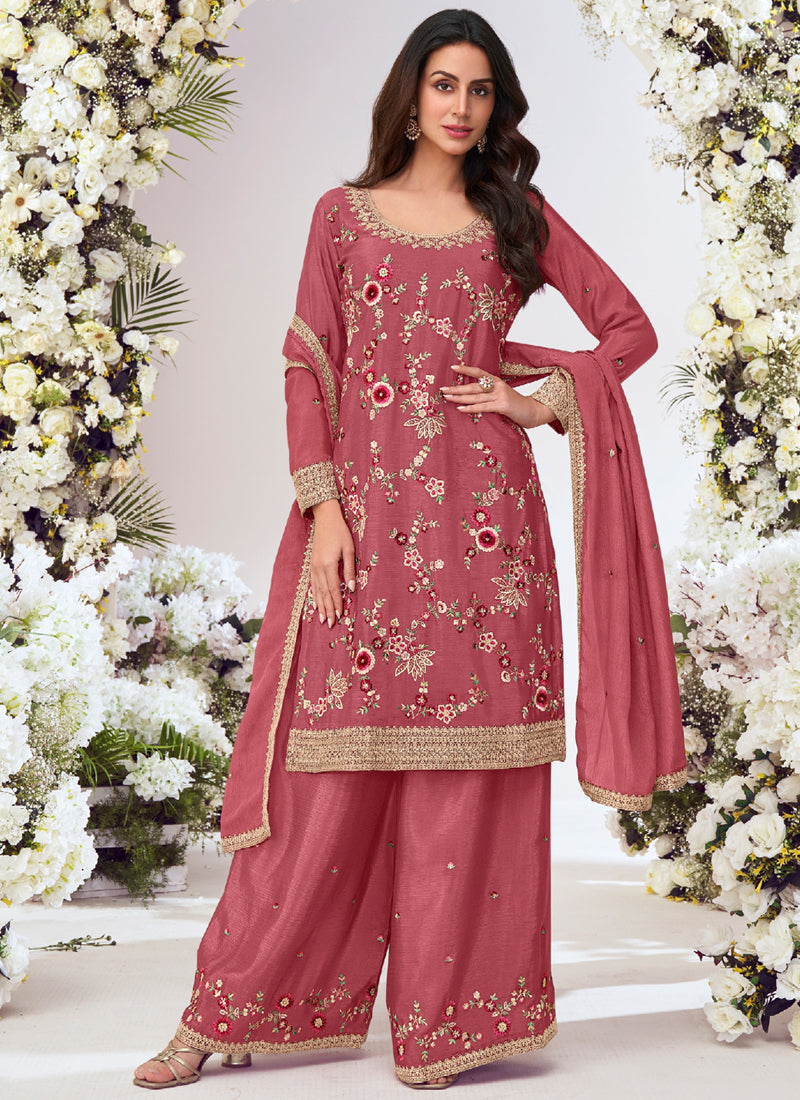 Vegaa Fashion Peach Chinon Silk Embroidered Palazzo Suit