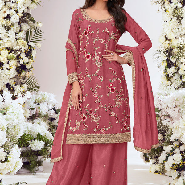 Vegaa Fashion Peach Chinon Silk Embroidered Palazzo Suit - Distacart