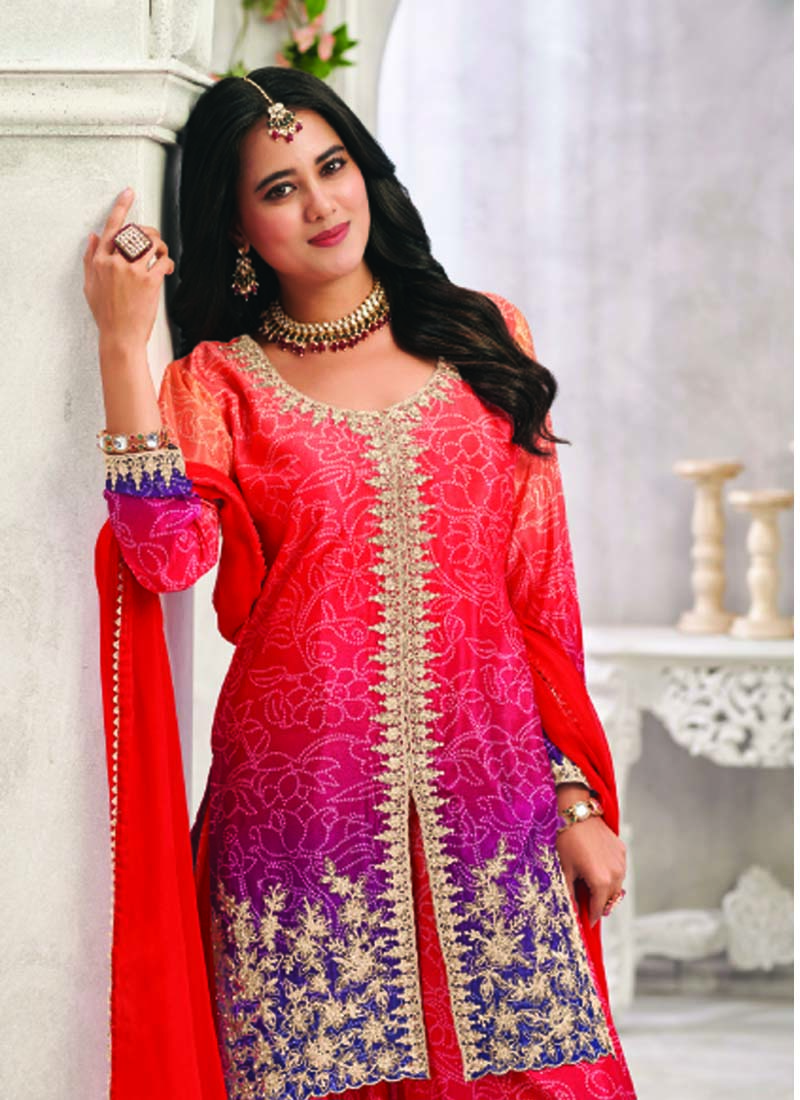 Vegaa Fashion Red Premium Chinon Embroidered Palazzo Suit