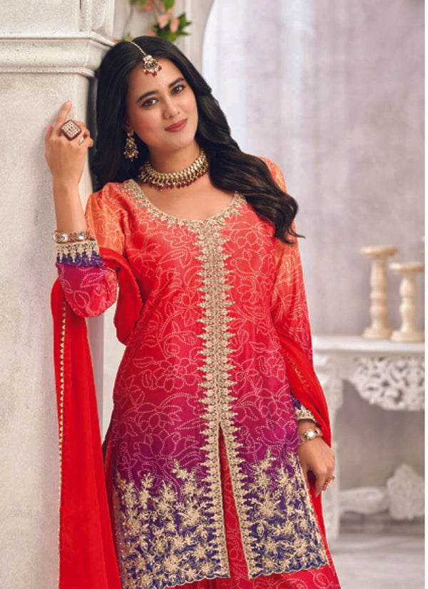 Vegaa Fashion Red Premium Chinon Embroidered Palazzo Suit