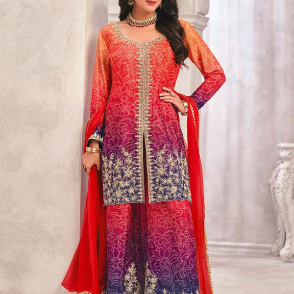 Vegaa Fashion Red Premium Chinon Embroidered Palazzo Suit - Distacart