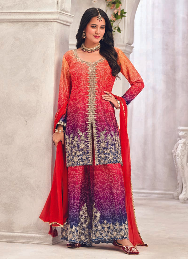 Vegaa Fashion Red Premium Chinon Embroidered Palazzo Suit