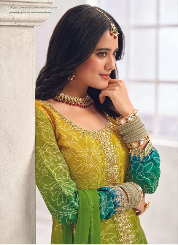 Vegaa Fashion Green Premium Chinon Embroidered Palazzo Suit