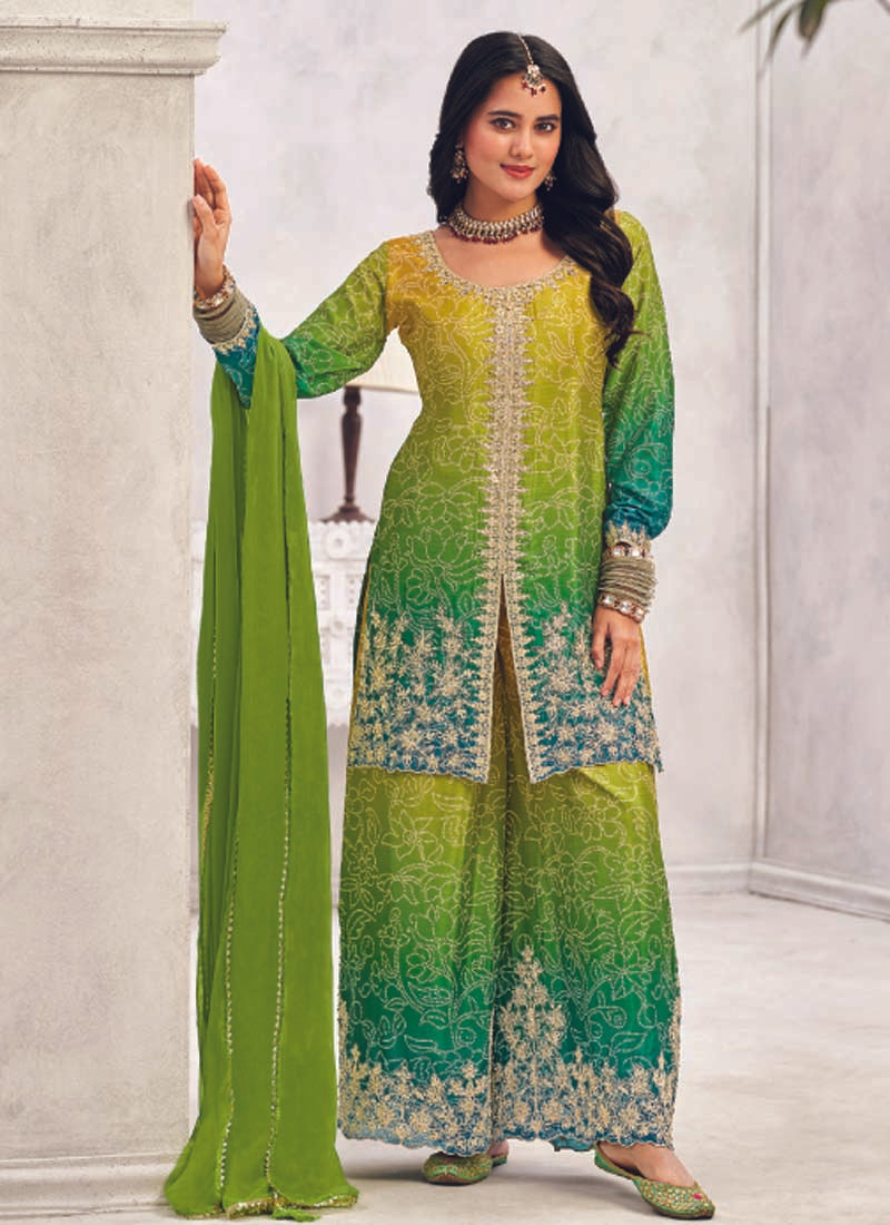 Vegaa Fashion Green Premium Chinon Embroidered Palazzo Suit