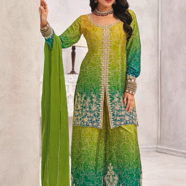 Vegaa Fashion Green Premium Chinon Embroidered Palazzo Suit - Distacart